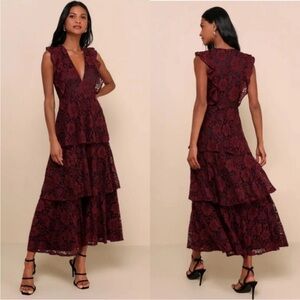 LULU’S Molinetto Burgundy Lace Ruffled Tiered Sleeveless Maxi Dress